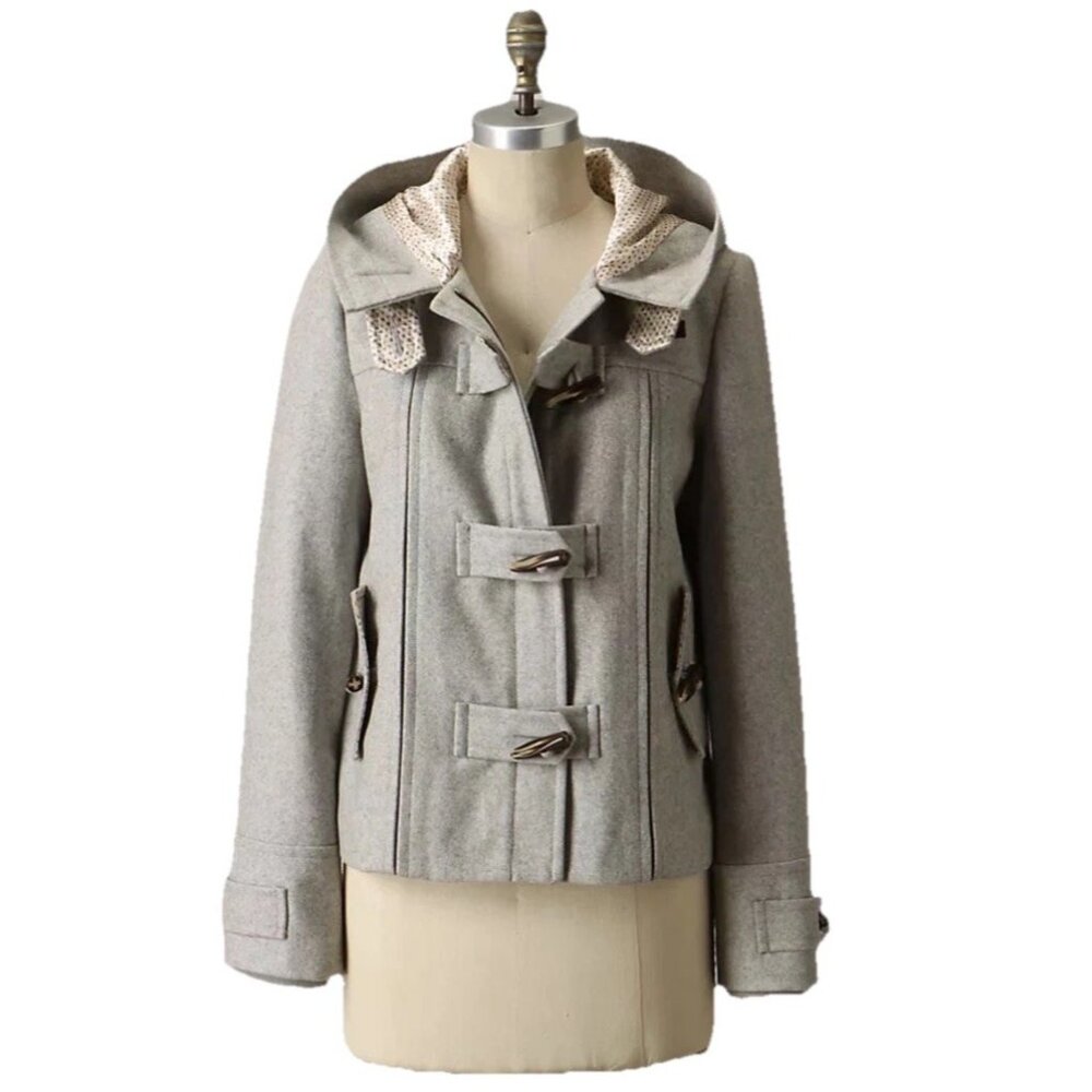 Anthropologie Gray Wool Elevenses 6 First Frost Pea Coat Jacket Winter Warm Hood